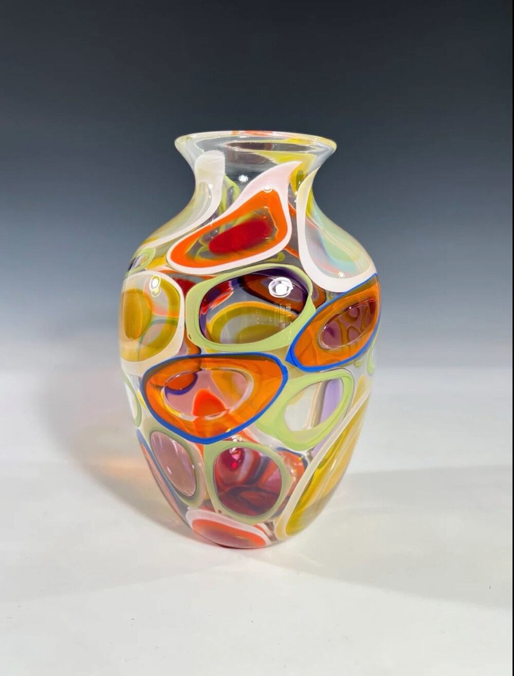 New John Gibbons Studio Art Glass Disco Sun Murine Vessel Vase COLORFUL! 8” Tall